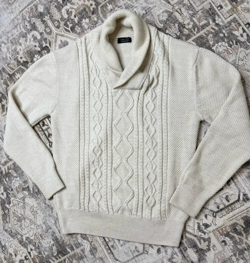Zara Man Beige Wool Blend Chunky Cable Knit Fisherman Sweater XL Shawl Collar